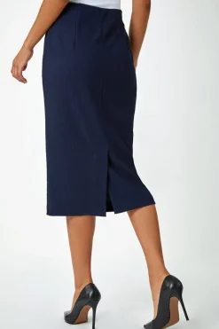 Roman Navy Textured Elastic Waist Pencil Midi Skirt