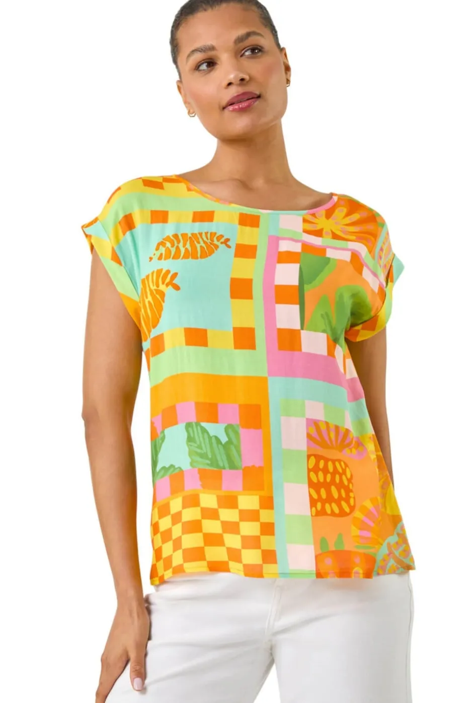 Roman Orange Abstract Print Shell Top