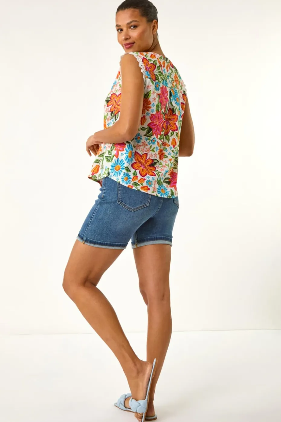 Roman Orange Floral Print Lace Detail Vest