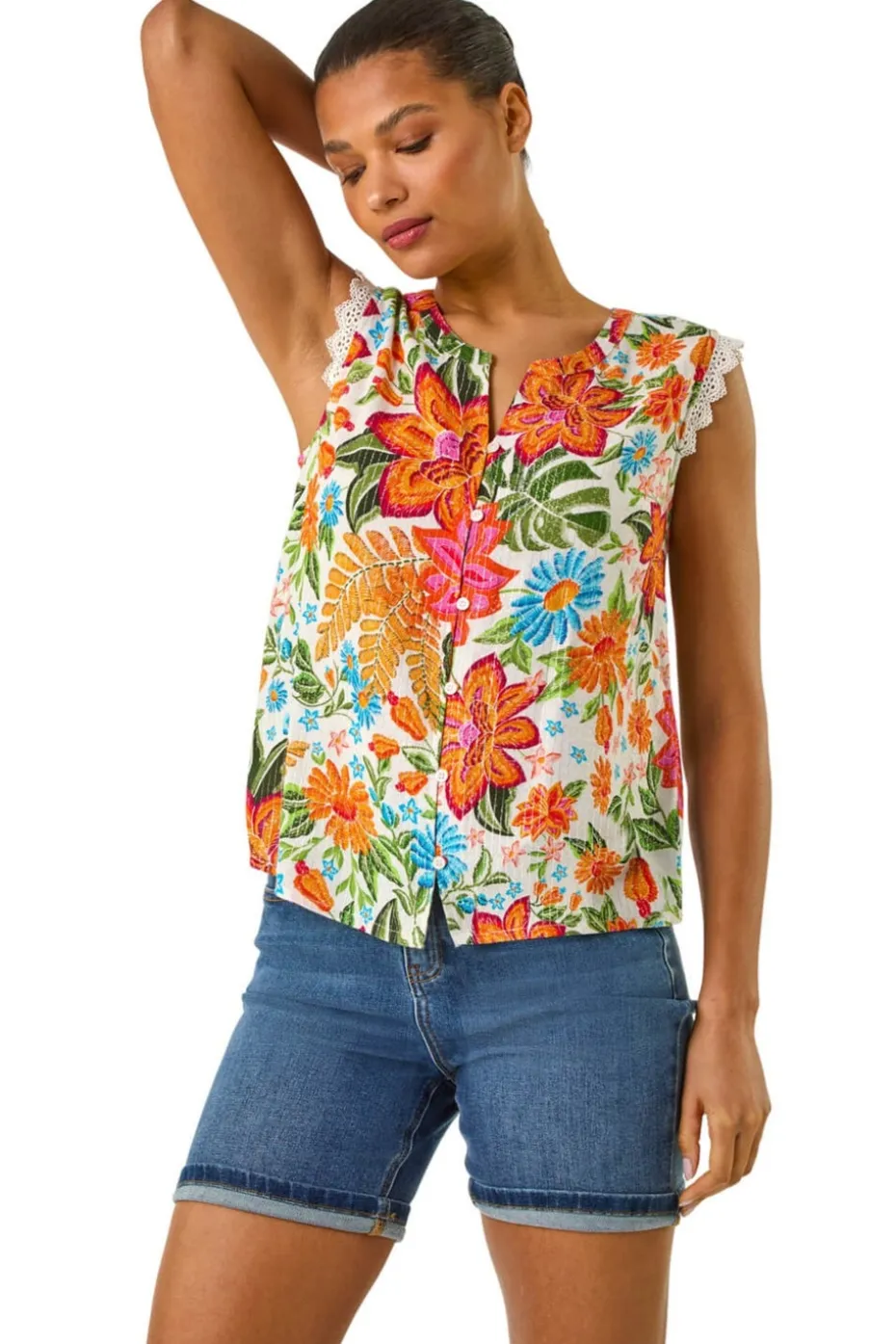 Roman Orange Floral Print Lace Detail Vest