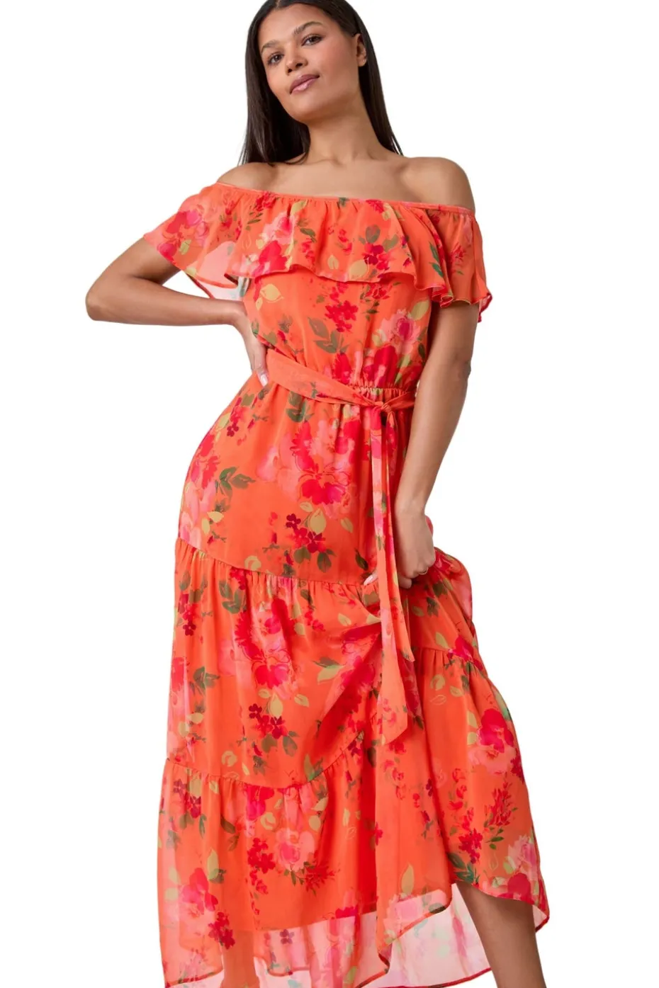 Roman Orange Floral Tiered Bardot Belted Dress