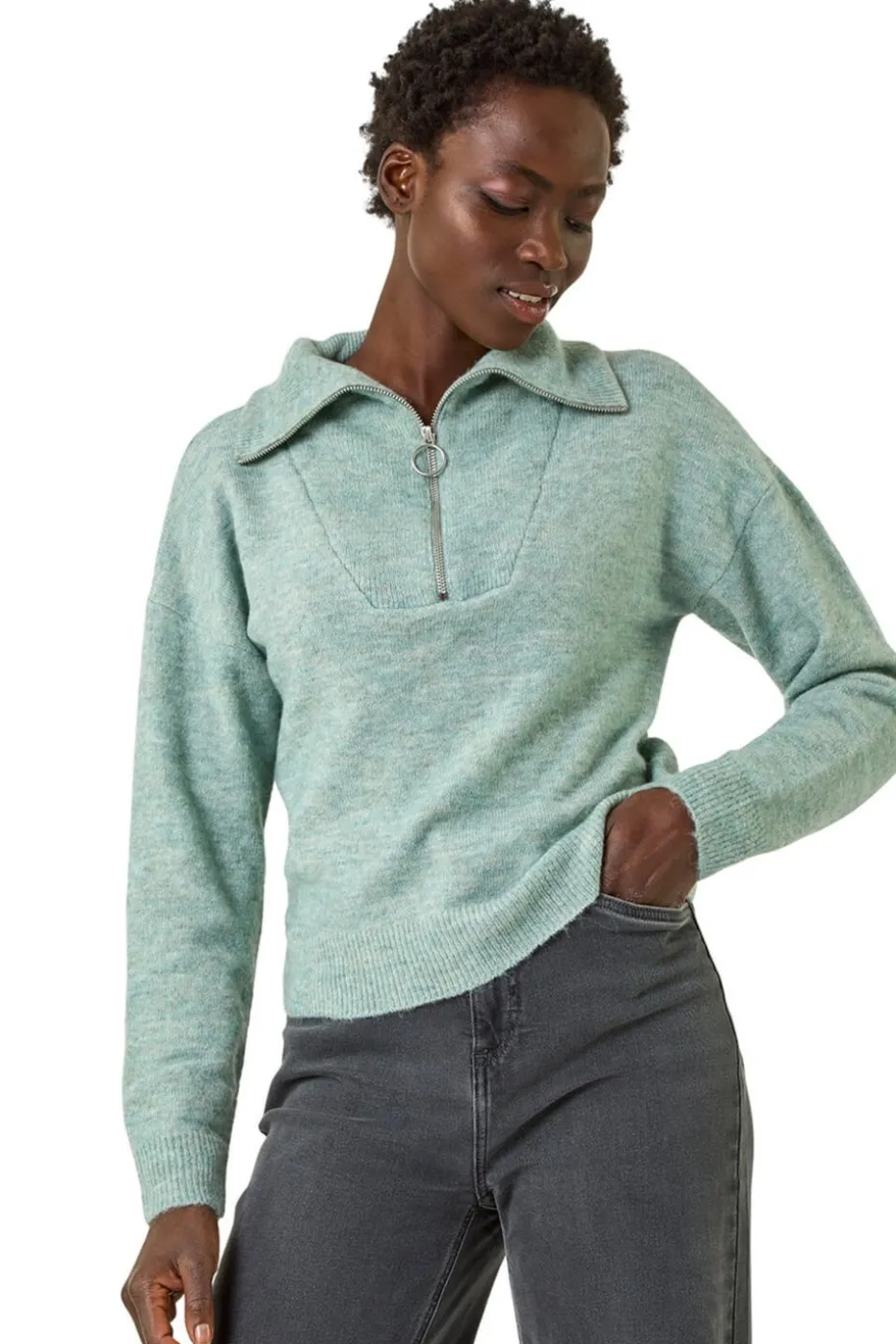 Roman Pale Blue Collar Zip Neck
