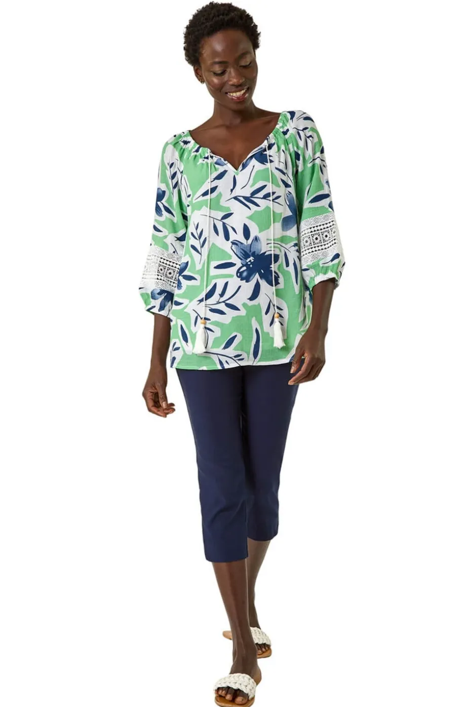 Roman Pale Green Floral Print Tie Front Top