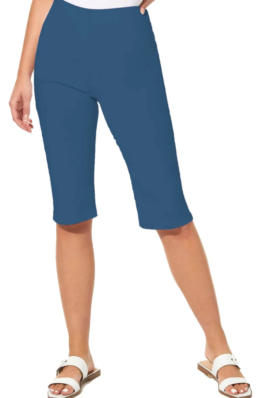 Roman Petrol Blue Stretch Knee Length Elastic Waist Shorts