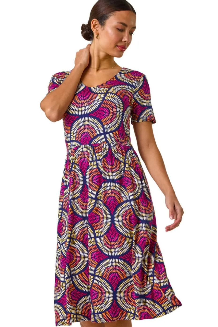 Roman Pink Abstract Print Stretch Midi Dress