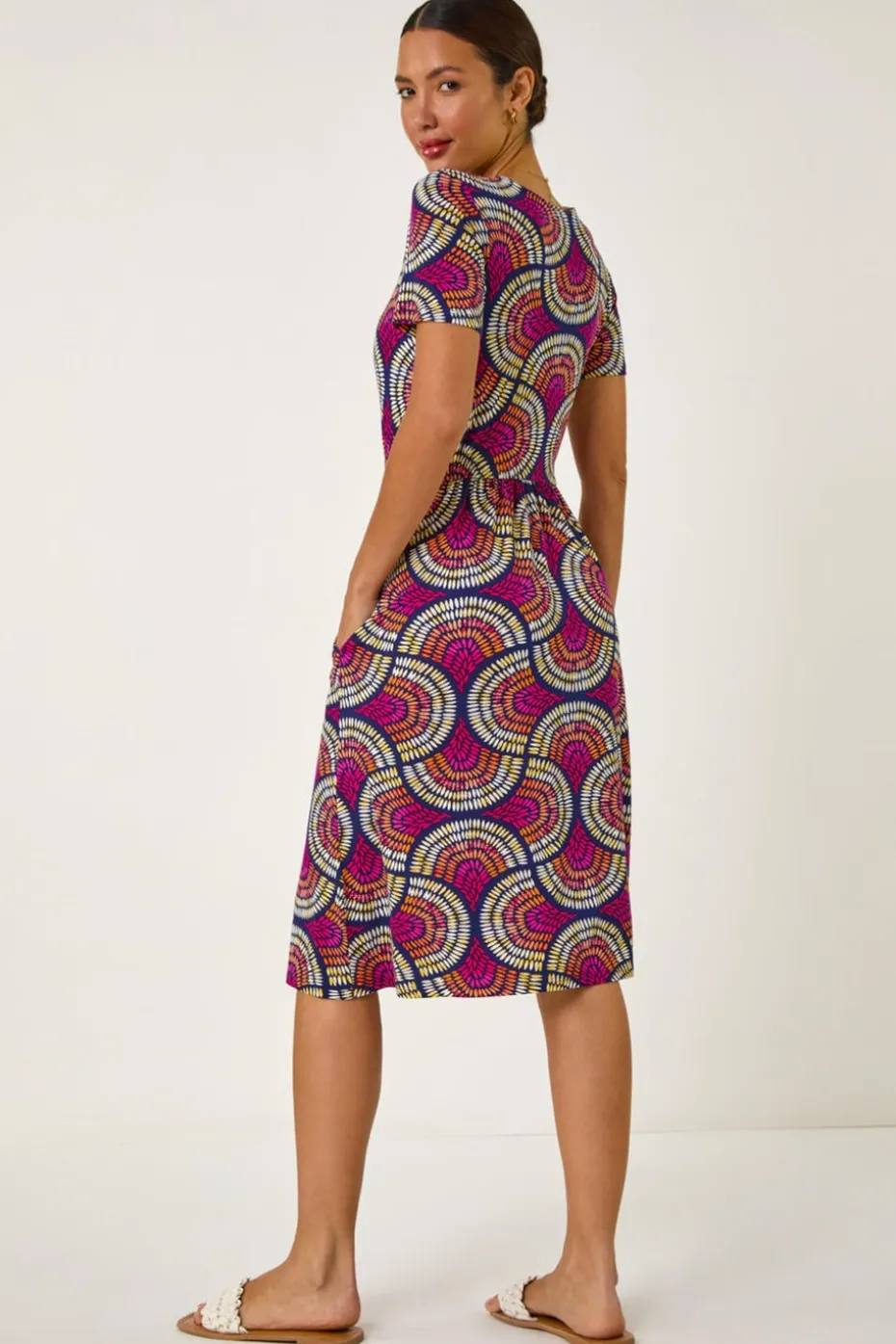 Roman Pink Abstract Print Stretch Midi Dress