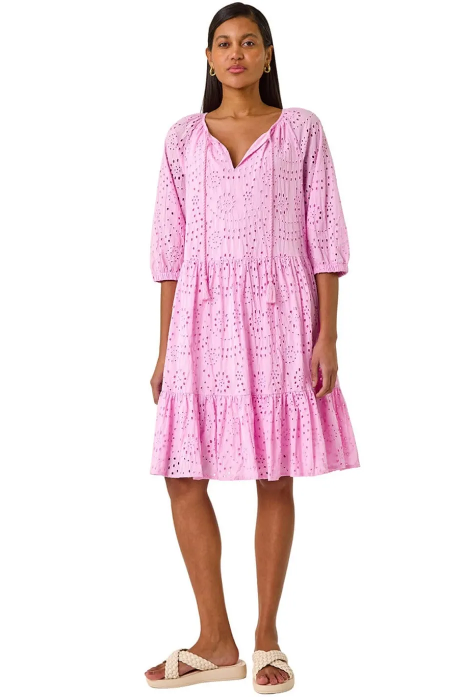Roman Pink Cotton Broderie Tiered Smock Dress