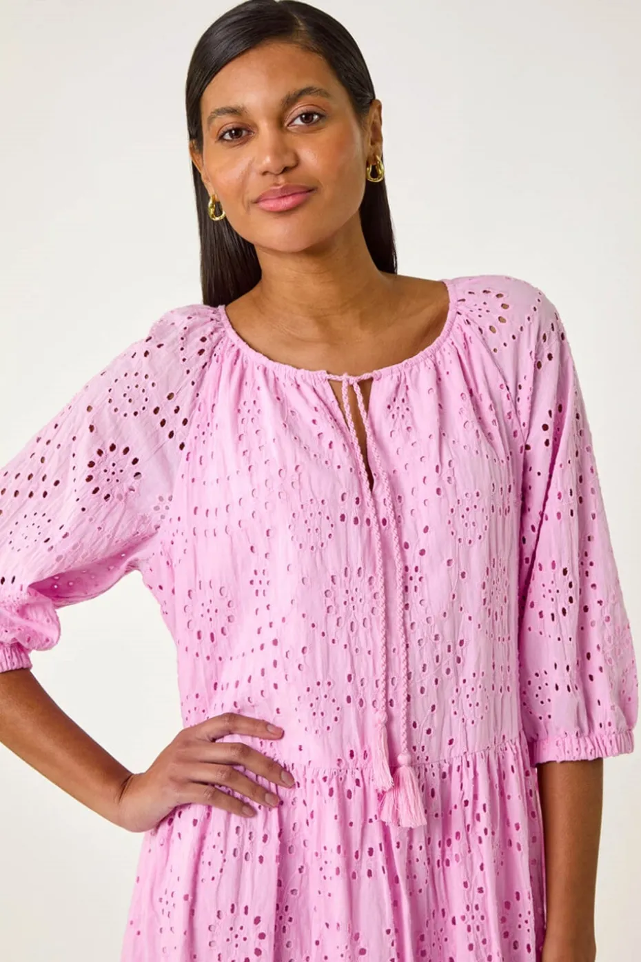Roman Pink Cotton Broderie Tiered Smock Dress