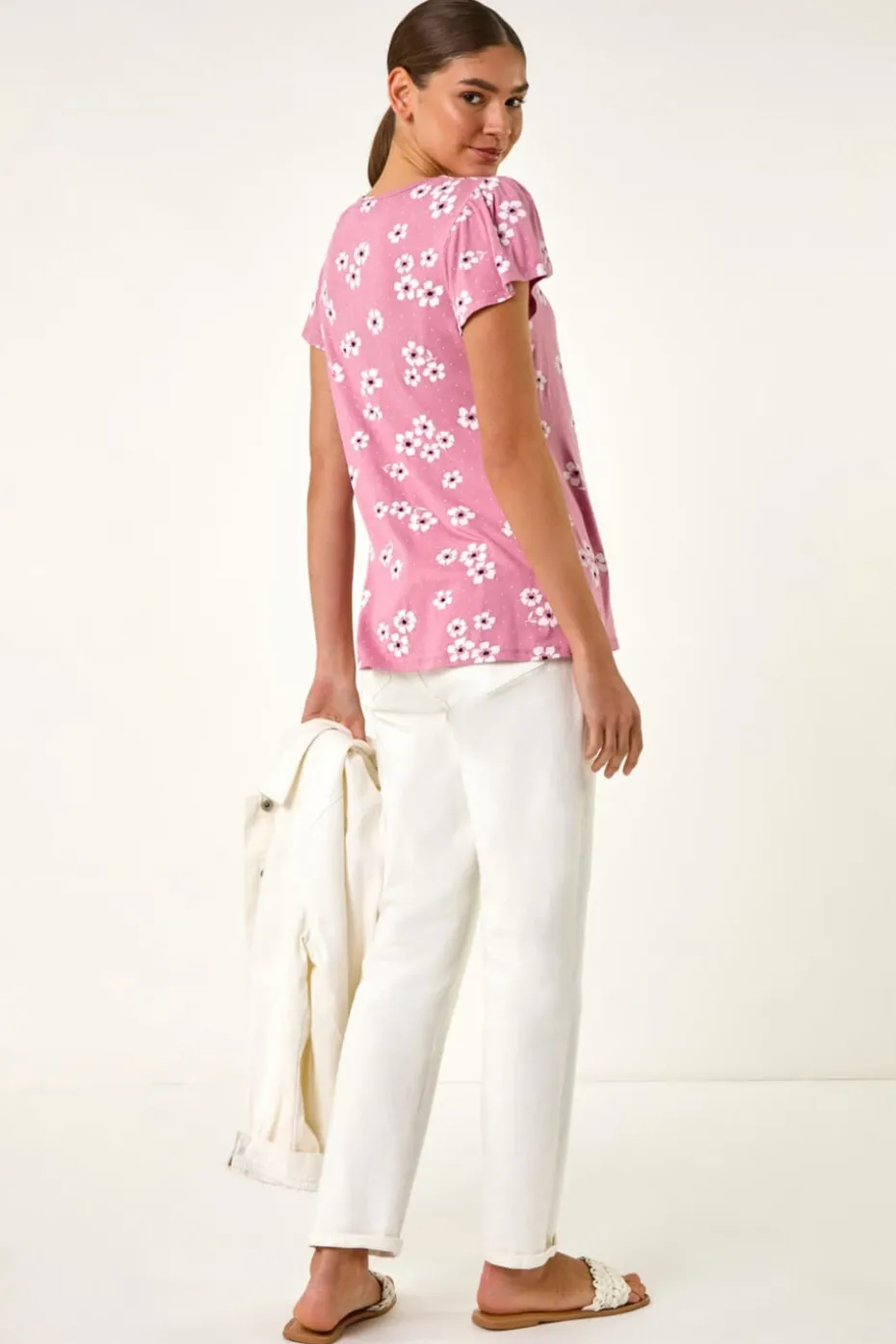 Roman Pink Floral Print Ladder Trim Stretch Top
