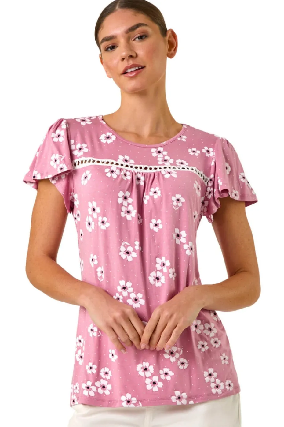 Roman Pink Floral Print Ladder Trim Stretch Top