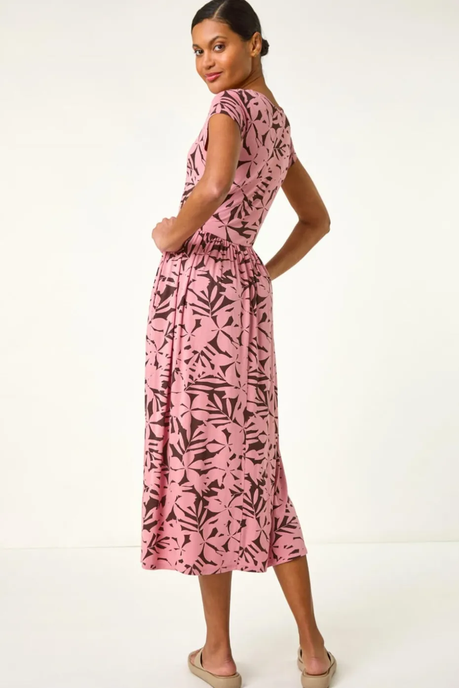 Roman Pink Floral Print Stretch Midi Dress