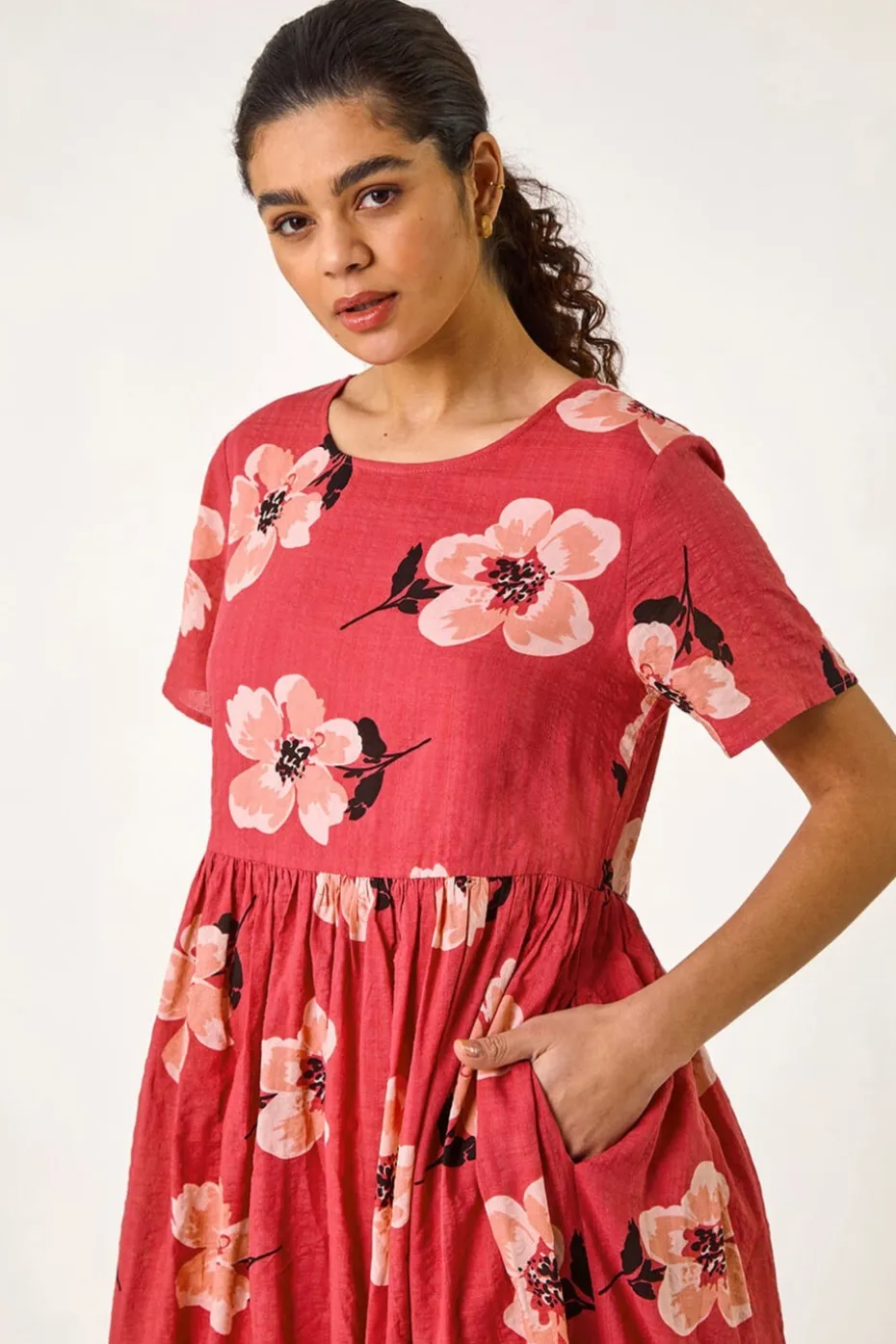 Roman Pink Floral Smock Midi Dress
