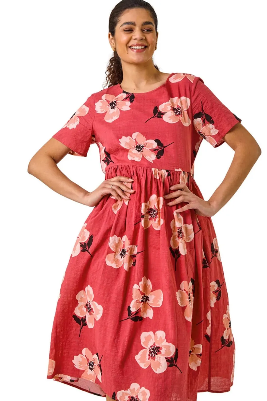 Roman Pink Floral Smock Midi Dress