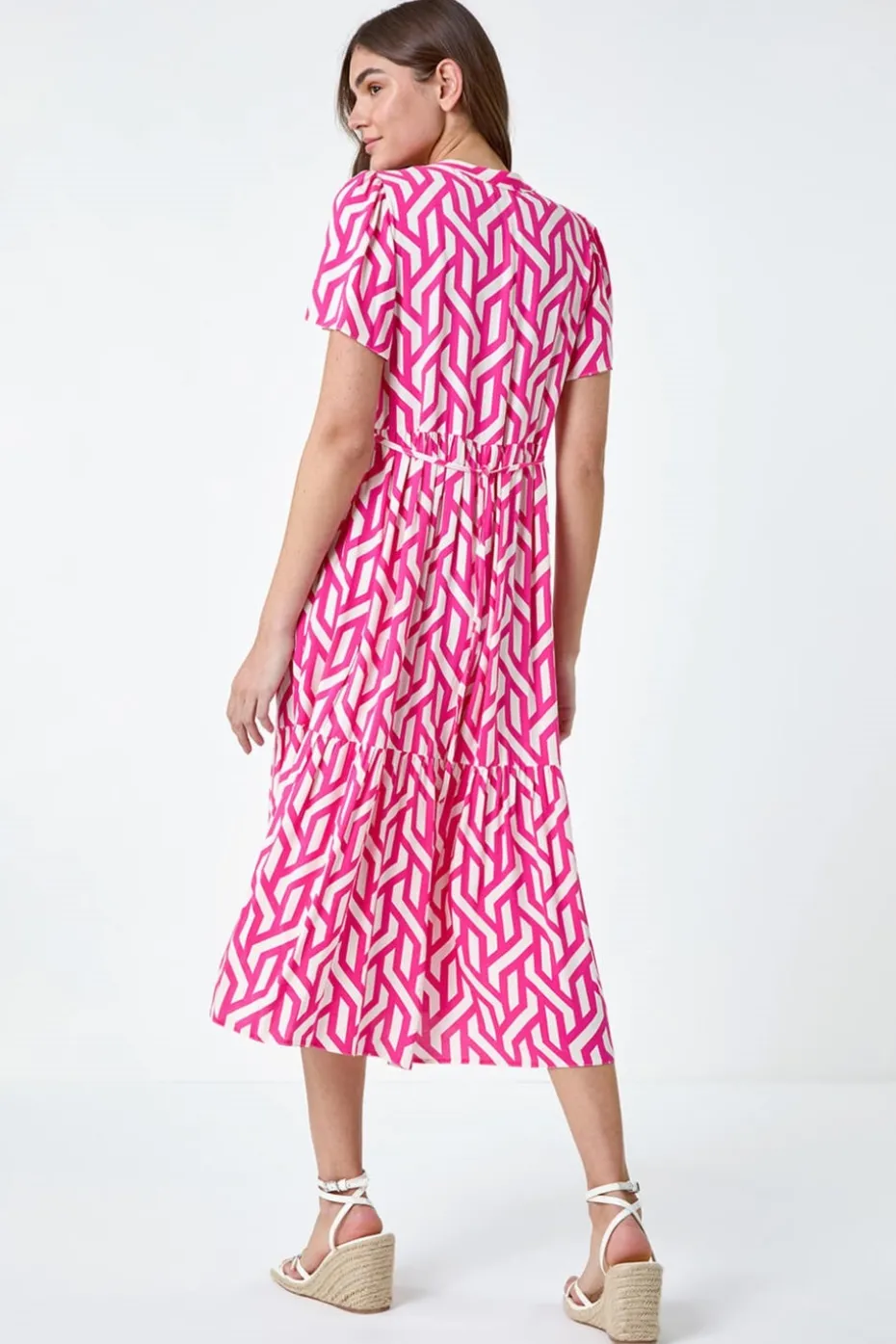 Roman Pink Geometric Print Tiered Midi Dress