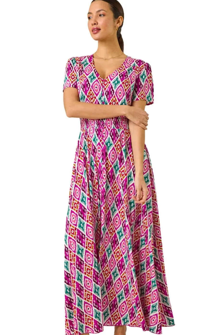 Roman Pink lkat Print Button Through Maxi Dress