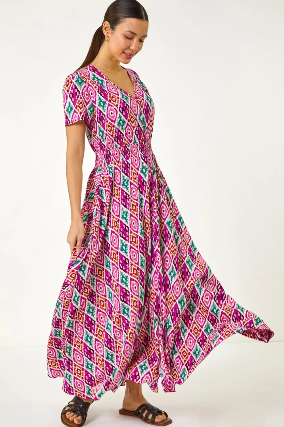Roman Pink lkat Print Button Through Maxi Dress
