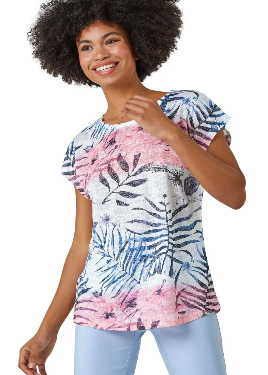 Roman Pink Palm Print Burnout T-Shirt