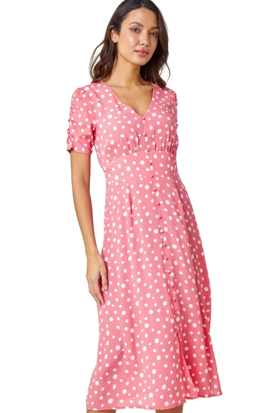 Roman Pink Polka Dot Ruched Sleeve Midi Dress