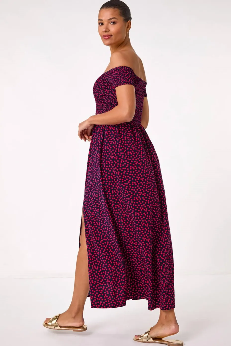 Roman Pink Spot Print Shirred Bardot Maxi Dress