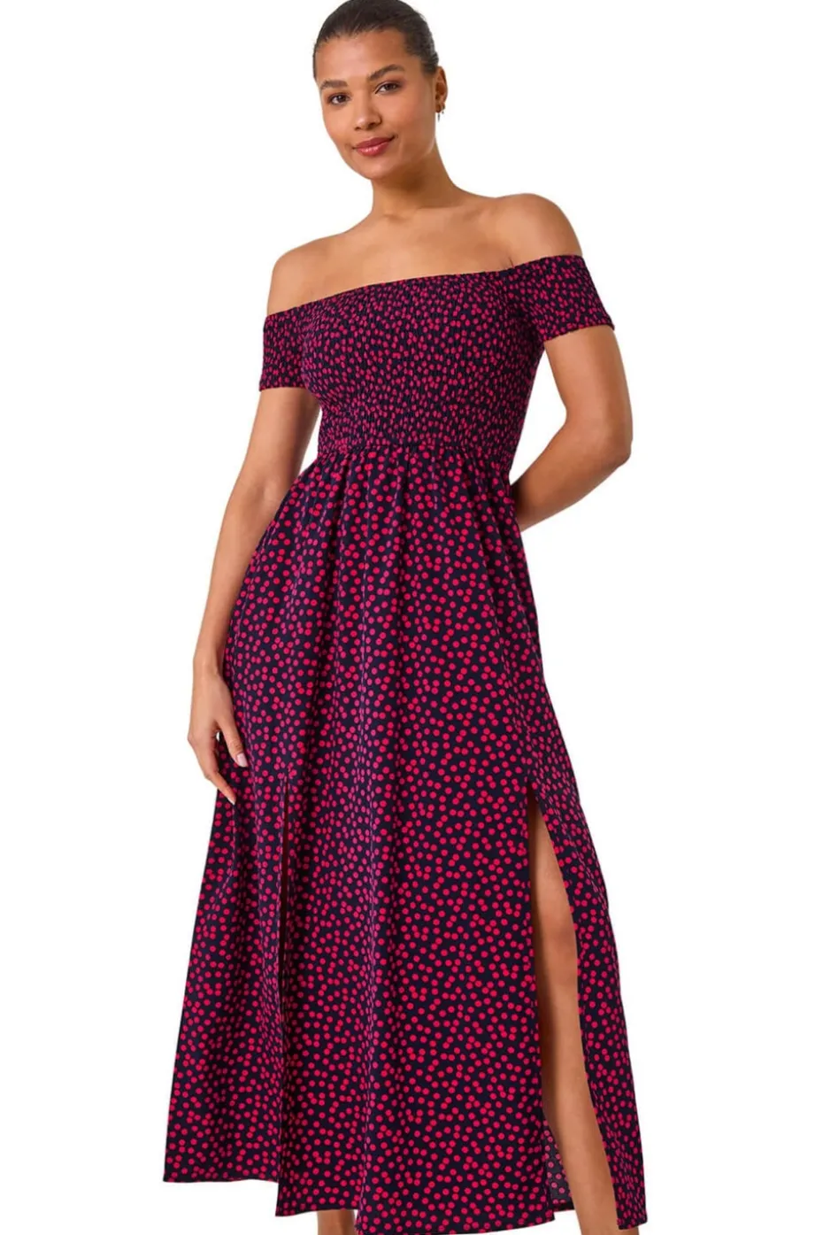 Roman Pink Spot Print Shirred Bardot Maxi Dress