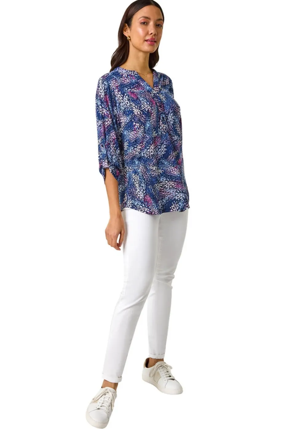 Roman Pink Textured Abstract Print V-Neck Stretch Top