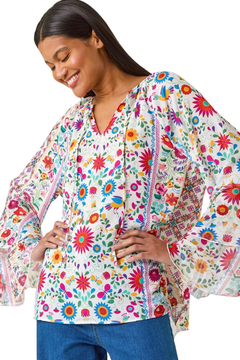 Roman Pink Tie Front Floral Print Top