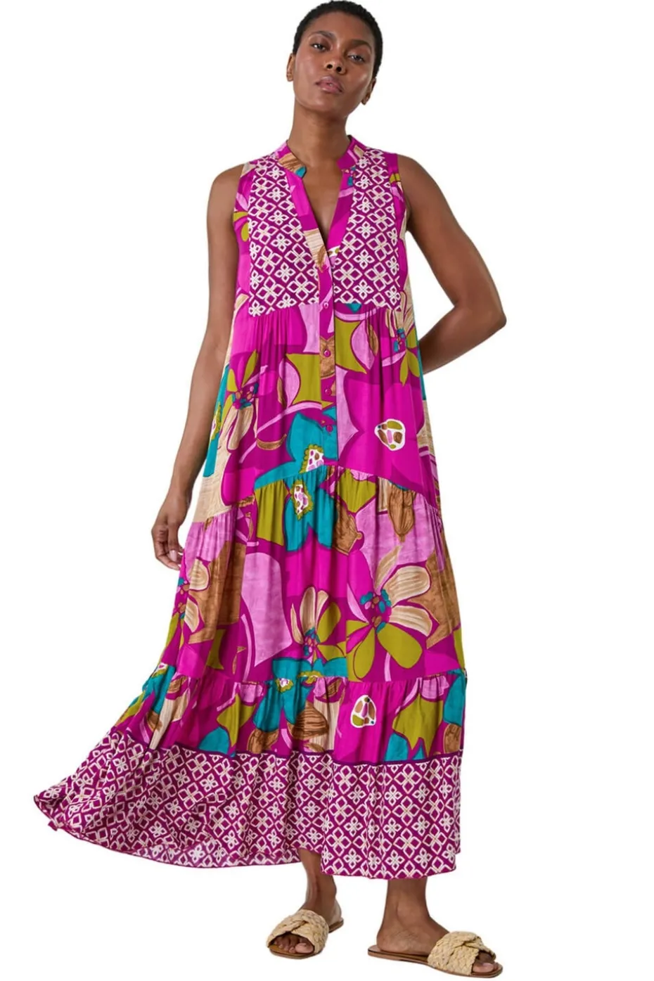 Roman Purple Boho Floral Print Smock Maxi Dress
