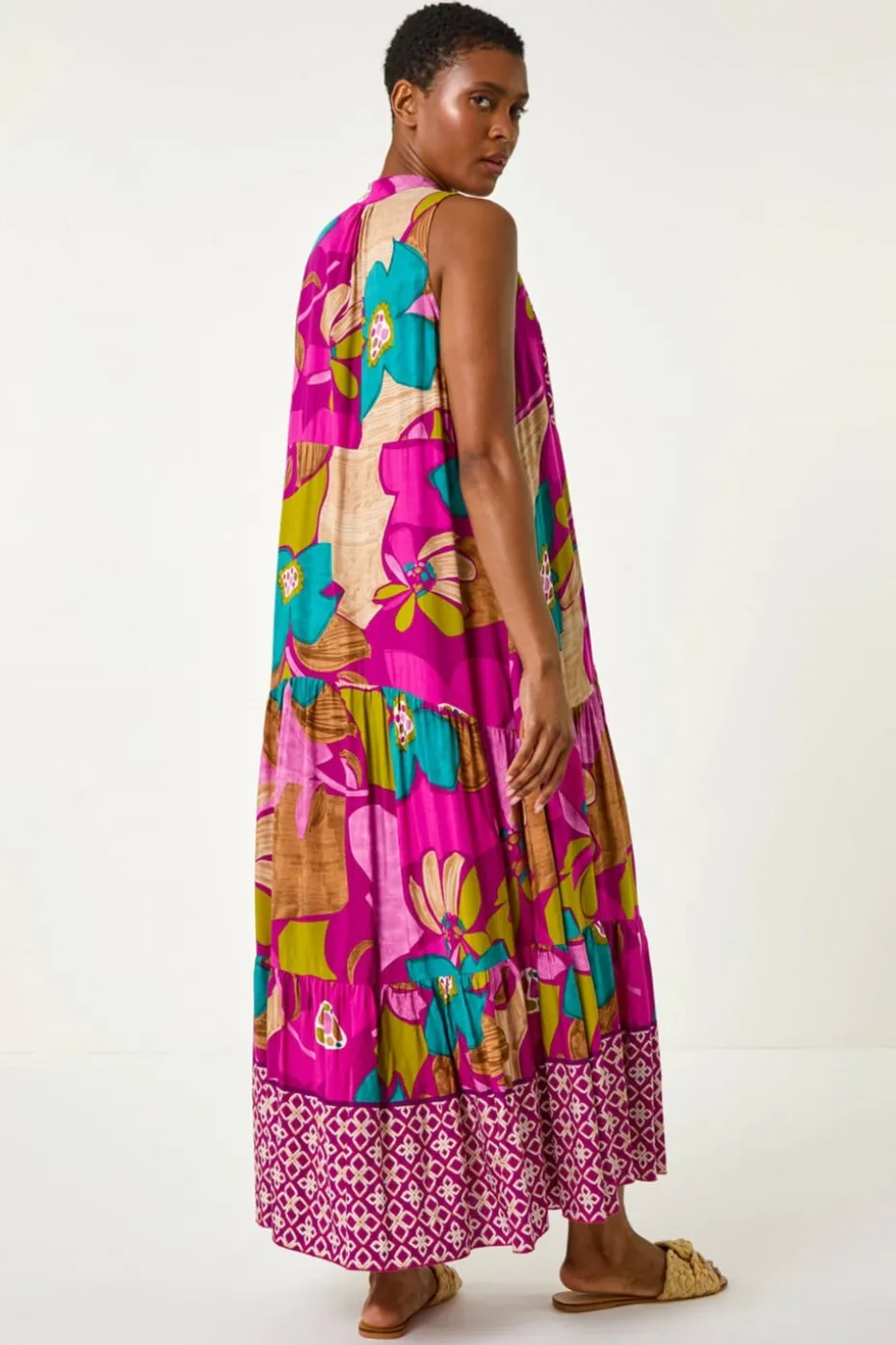 Roman Purple Boho Floral Print Smock Maxi Dress