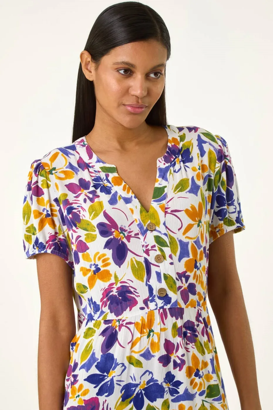 Roman Purple Floral Notch Button Shirt Dress