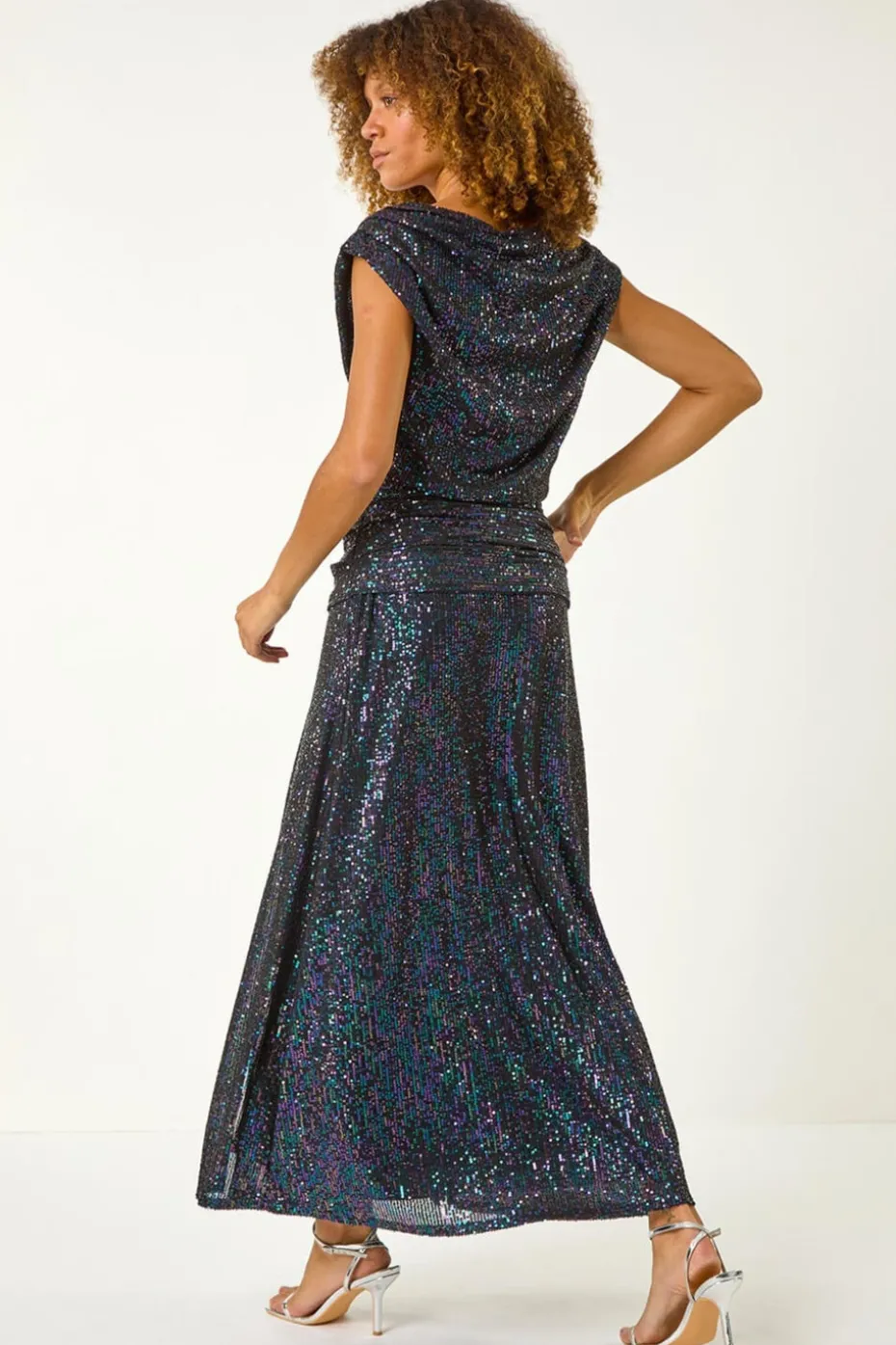 Roman Purple Sequin Cowl Neck Maxi Stretch Dress