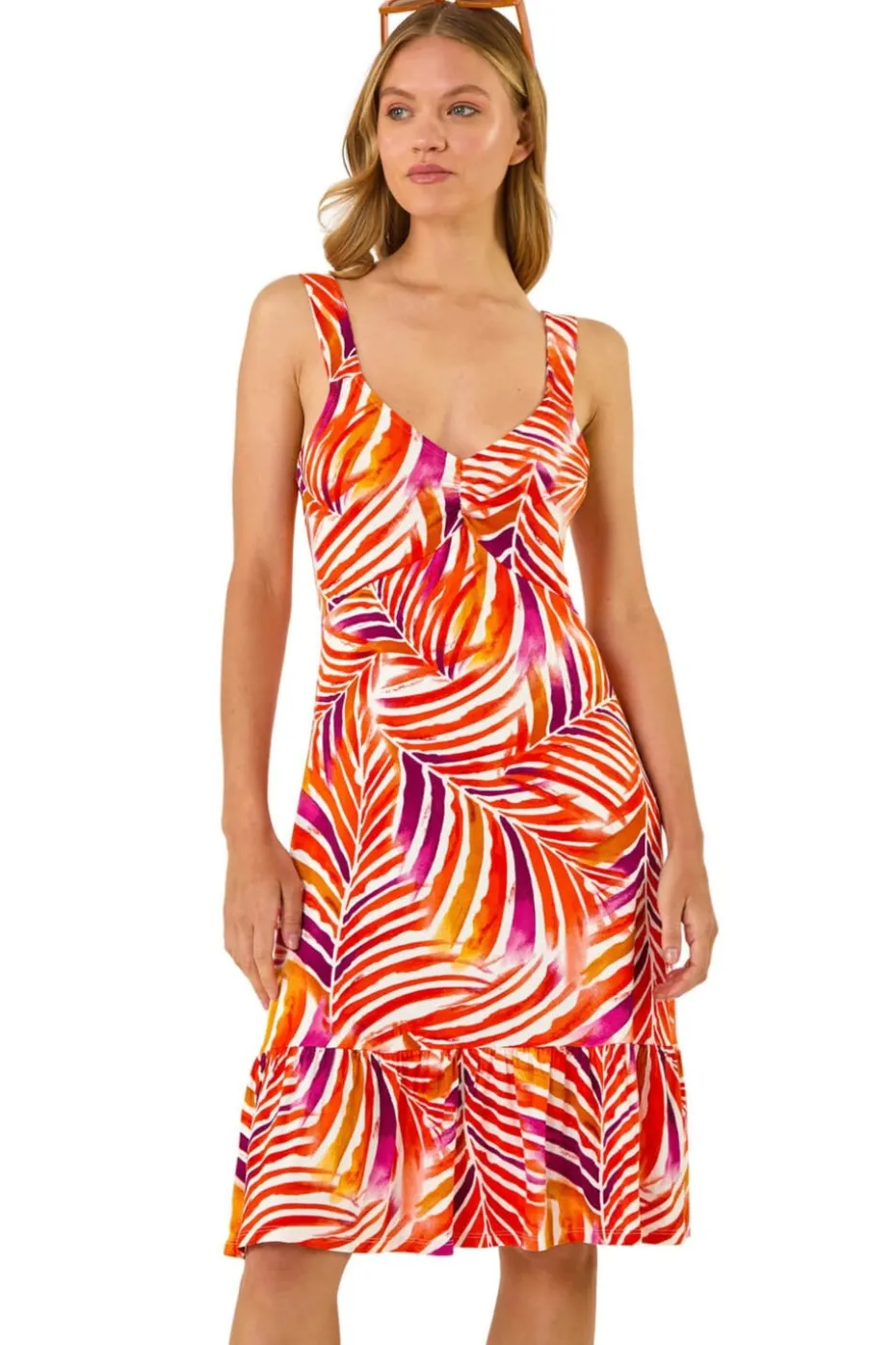 Roman Red Abstract Print V-Neck Frill Dress