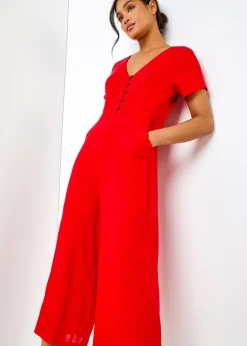 Roman Red Cotton Blend Culotte Jumpsuit