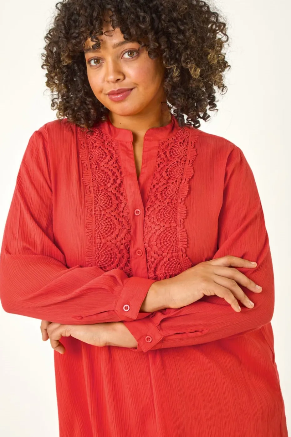 Roman Red Curve Lace Trim Pintuck Blouse
