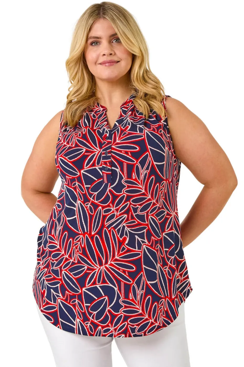 Roman Red Curve Textured Leaf Print Vest Top