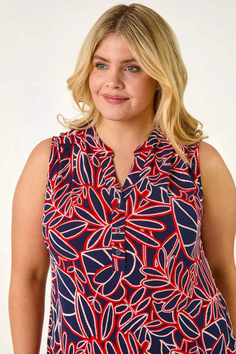 Roman Red Curve Textured Leaf Print Vest Top