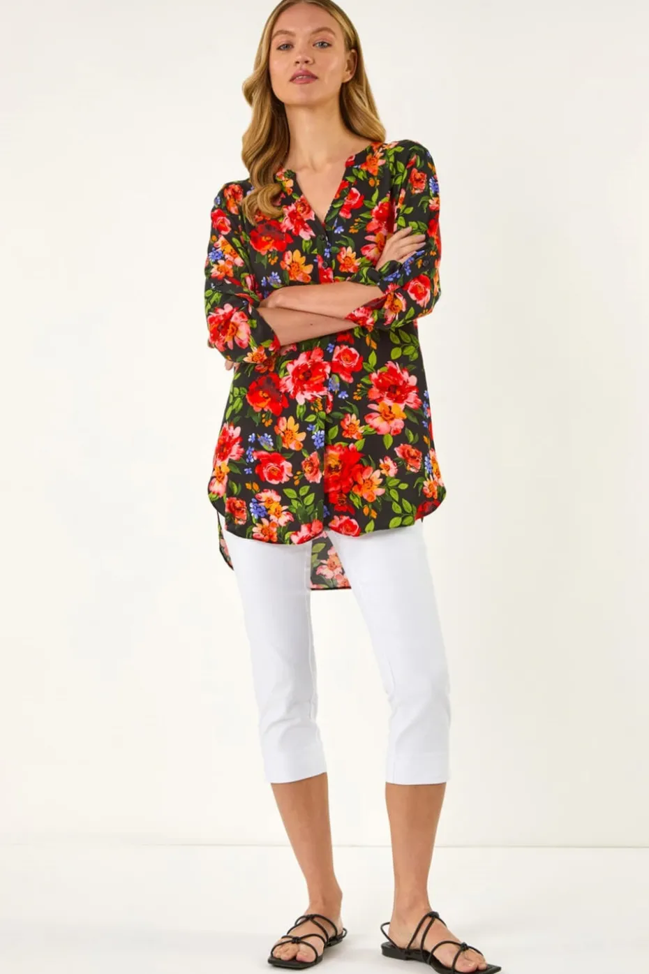 Roman Red Floral Longline Button Top