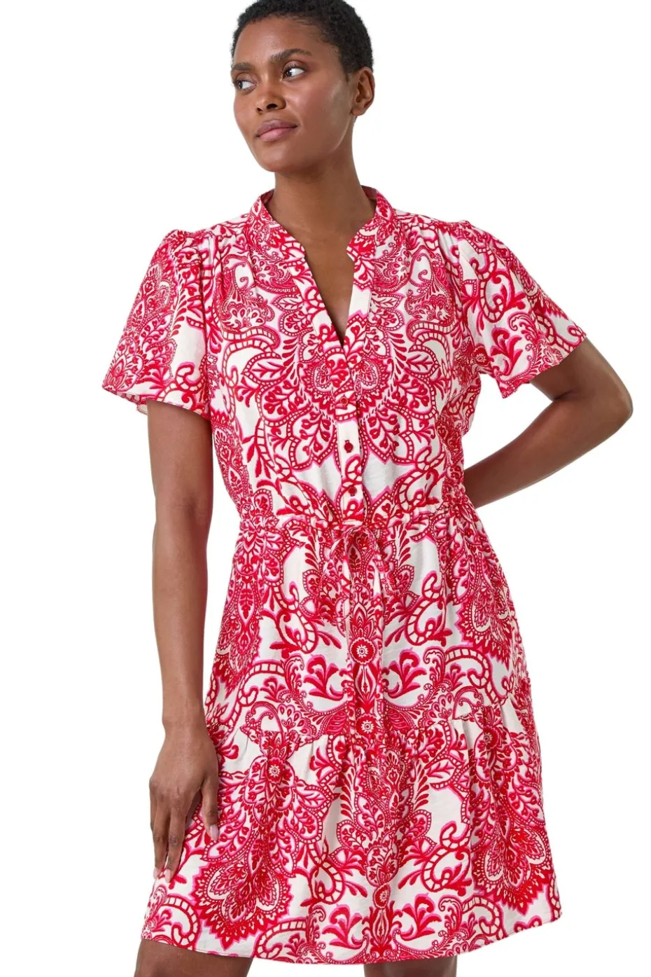 Roman Red Floral Print Frill Hem Shirt Dress