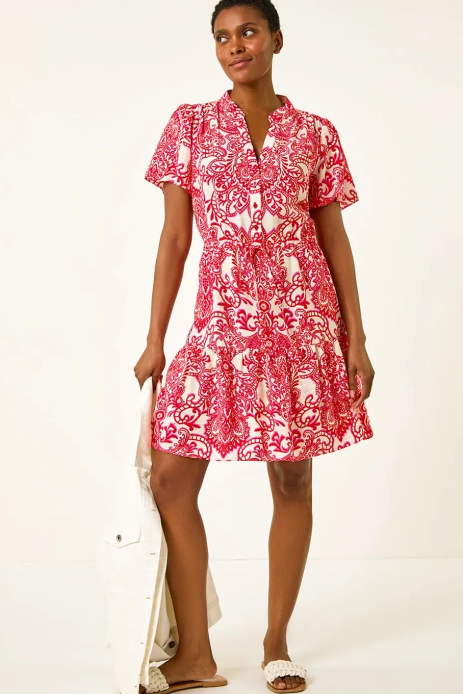 Roman Red Floral Print Frill Hem Shirt Dress