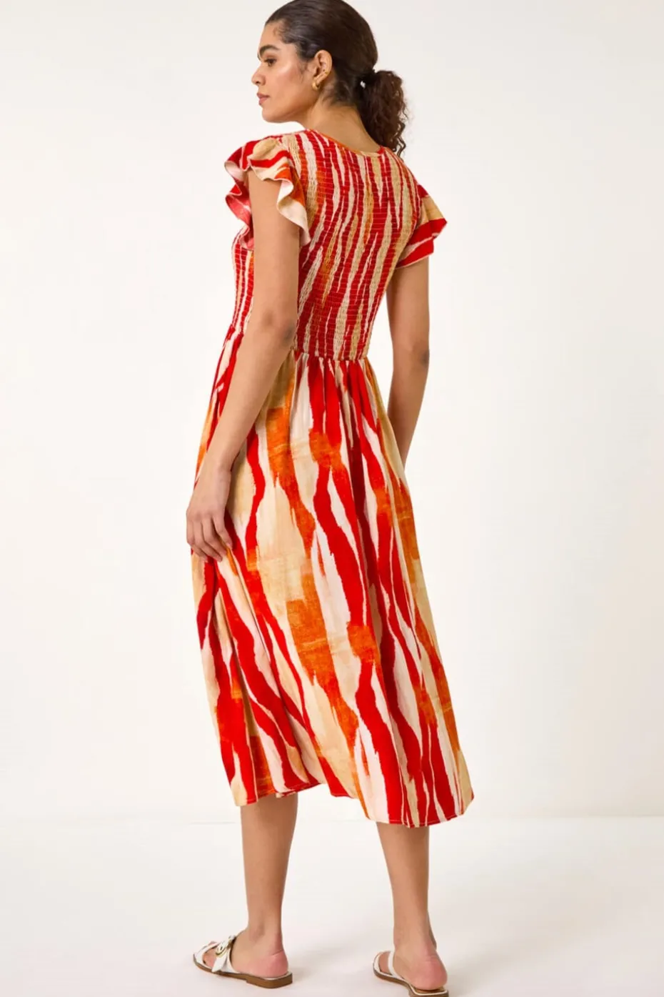 Roman Red Wave Print Shirred Midi Dress