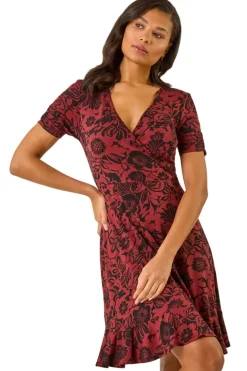 Roman Rust Floral Print Wrap Frill Stretch Dress