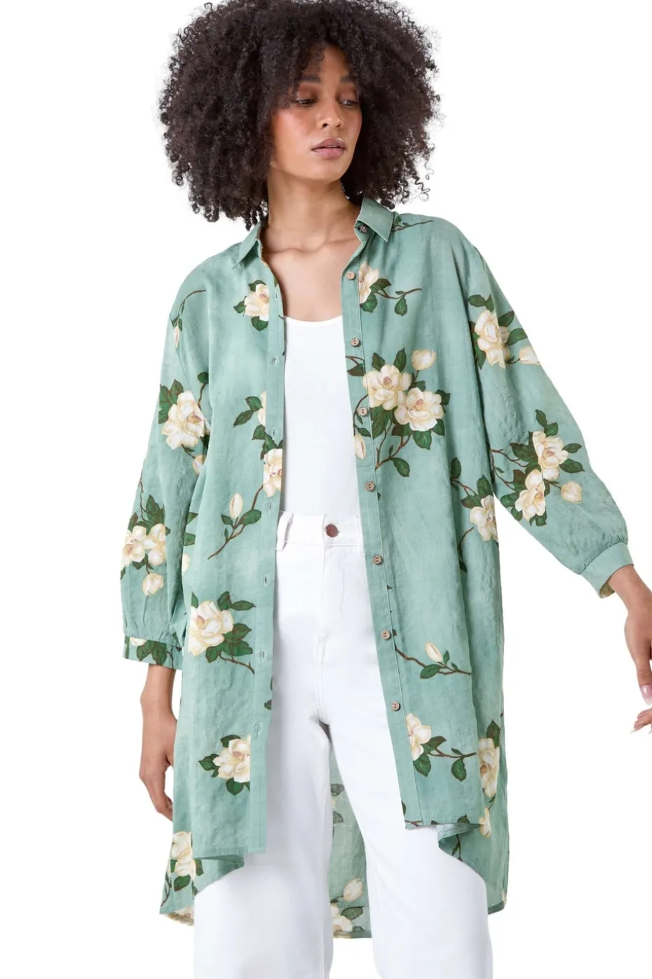 Roman Sage Floral Cotton Blend Longline Tunic Shirt