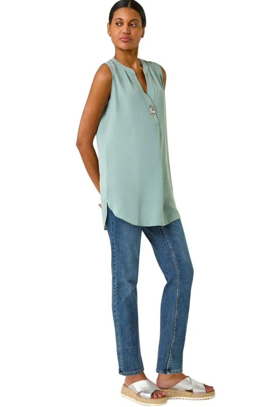 Roman Sage Longline Buttoned Vest Top