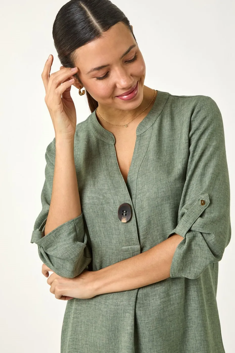 Roman Sage Longline V Neck Button Tunic Top