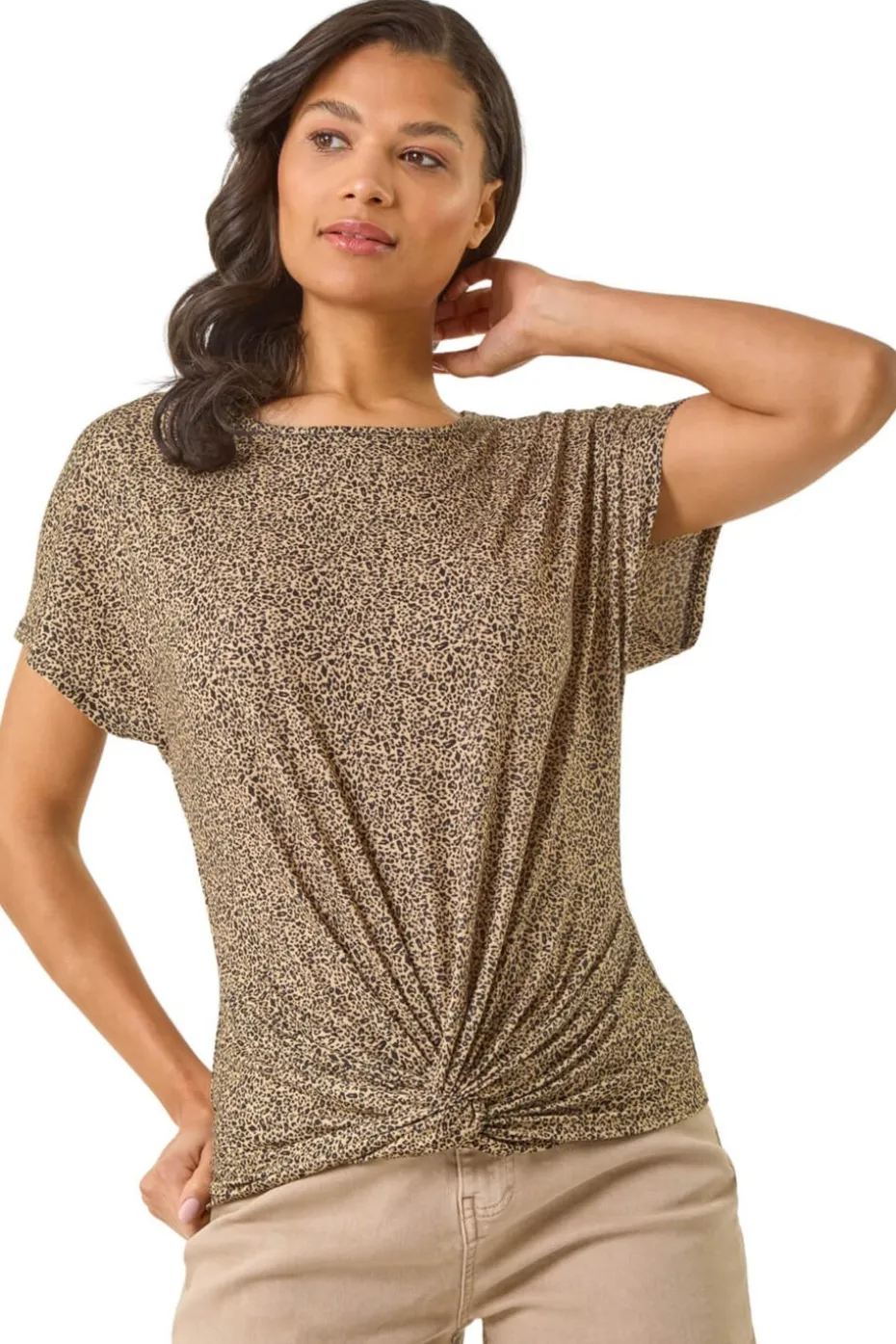 Roman Tan Animal Print Knot Front Stretch Top