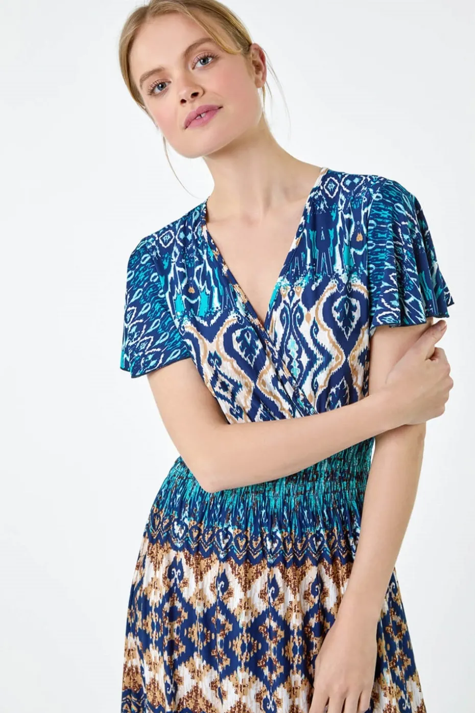 Roman Teal Aztec Print Shirred Stretch Maxi Dress