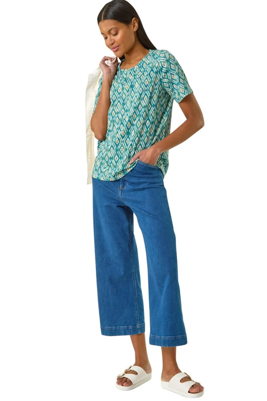 Roman Teal Ikat Print Stretch T Shirt