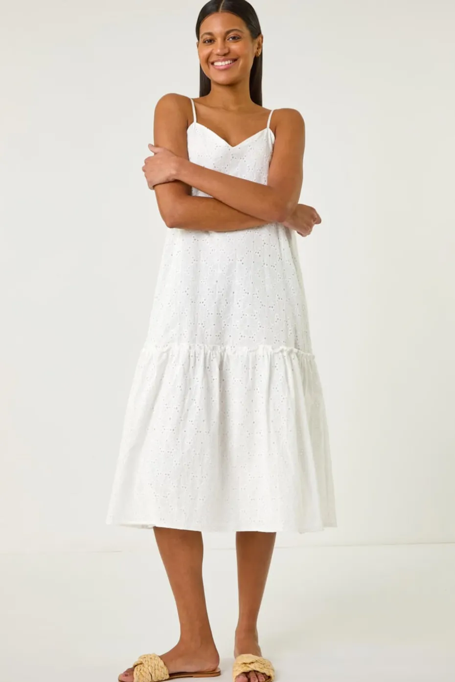 Roman White Broderie Frill Tiered Midi Dress