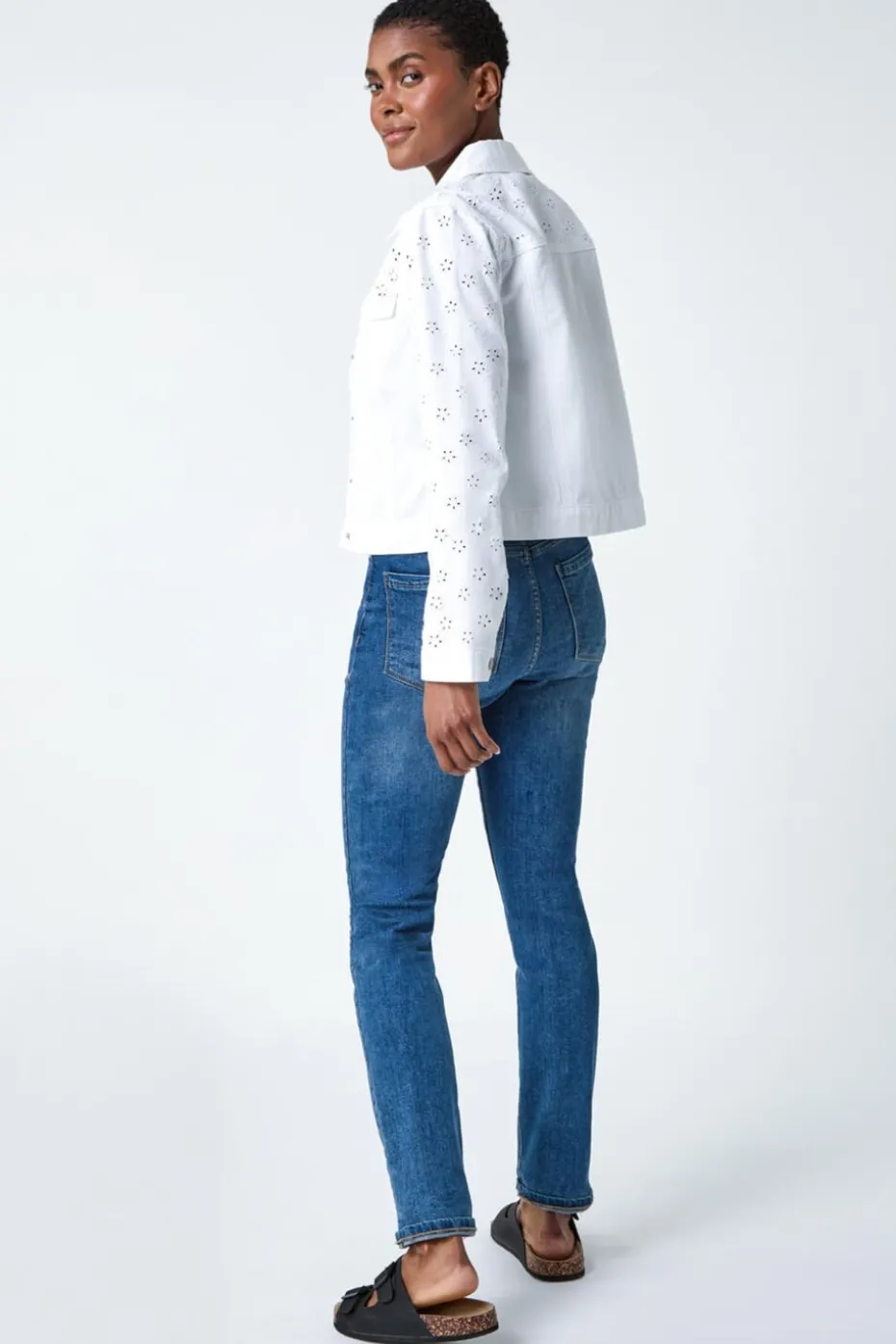 Roman White Cotton Blend Broderie Sleeve Jacket