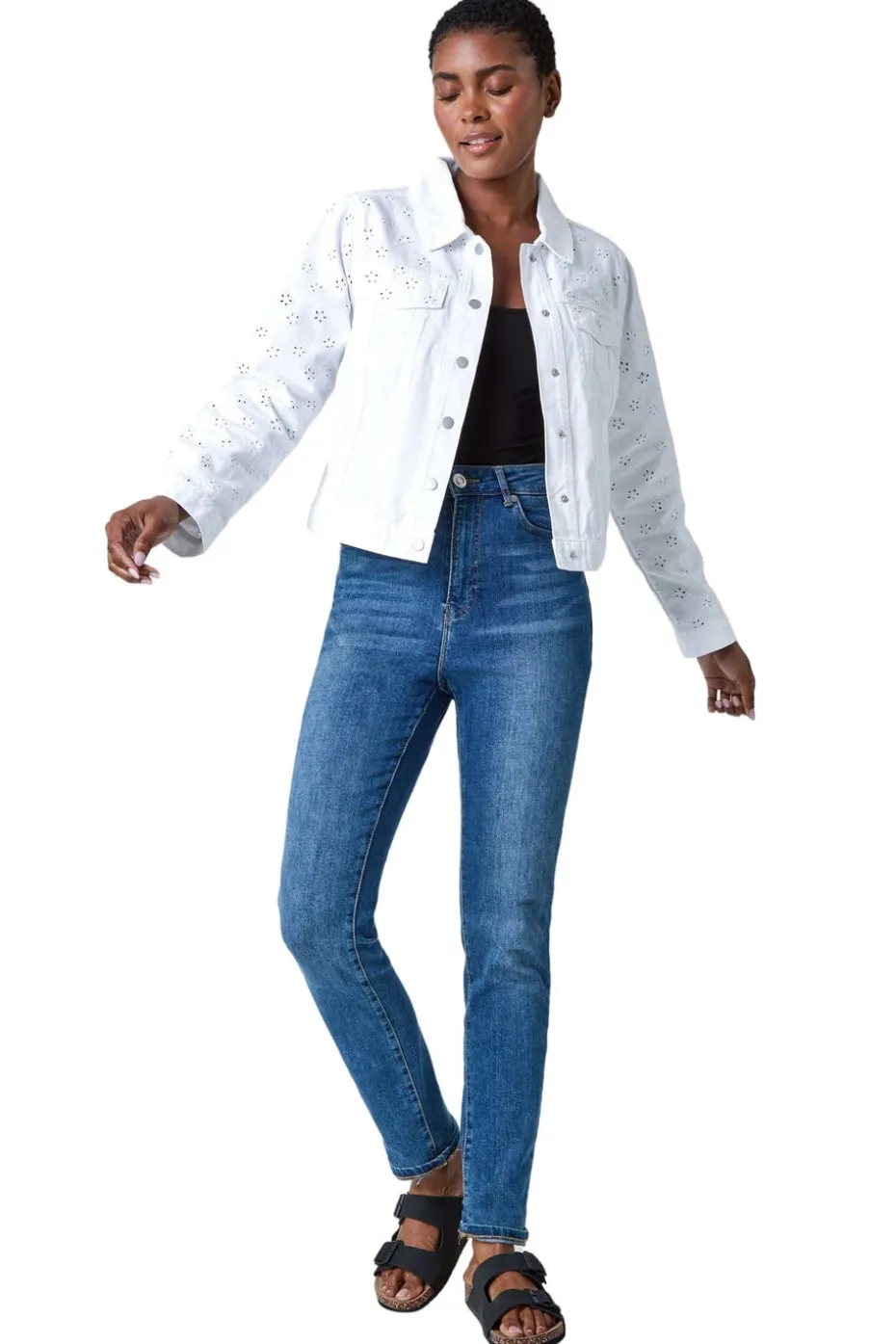Roman White Cotton Blend Broderie Sleeve Jacket