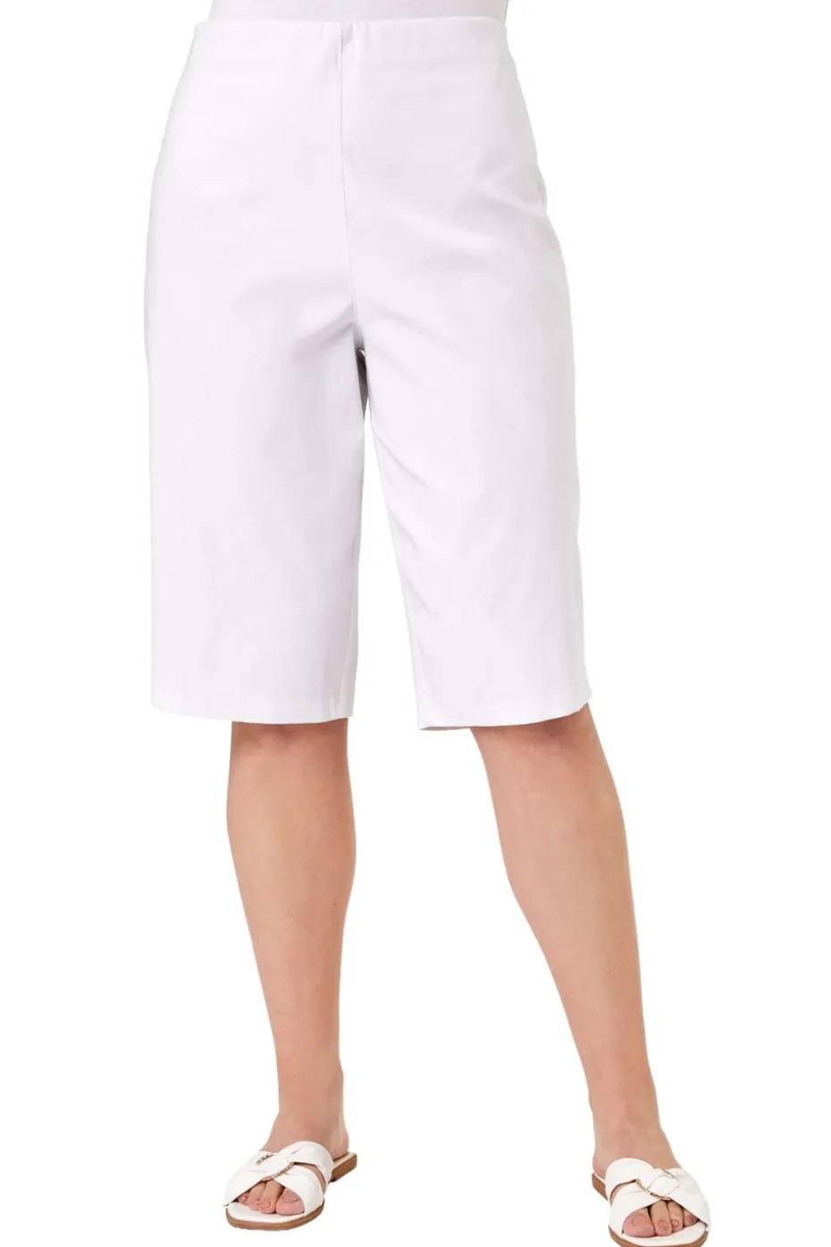 Roman White Curve Knee Length Elastic Waist Shorts